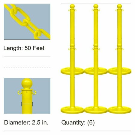 Mr. Chain Yellow Medium Duty Stowable Stanchion Kit and Chain, 6PK 73702-6